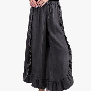Wide Leg Ruffled Frayed Hem Elastic Tie Waist Pants